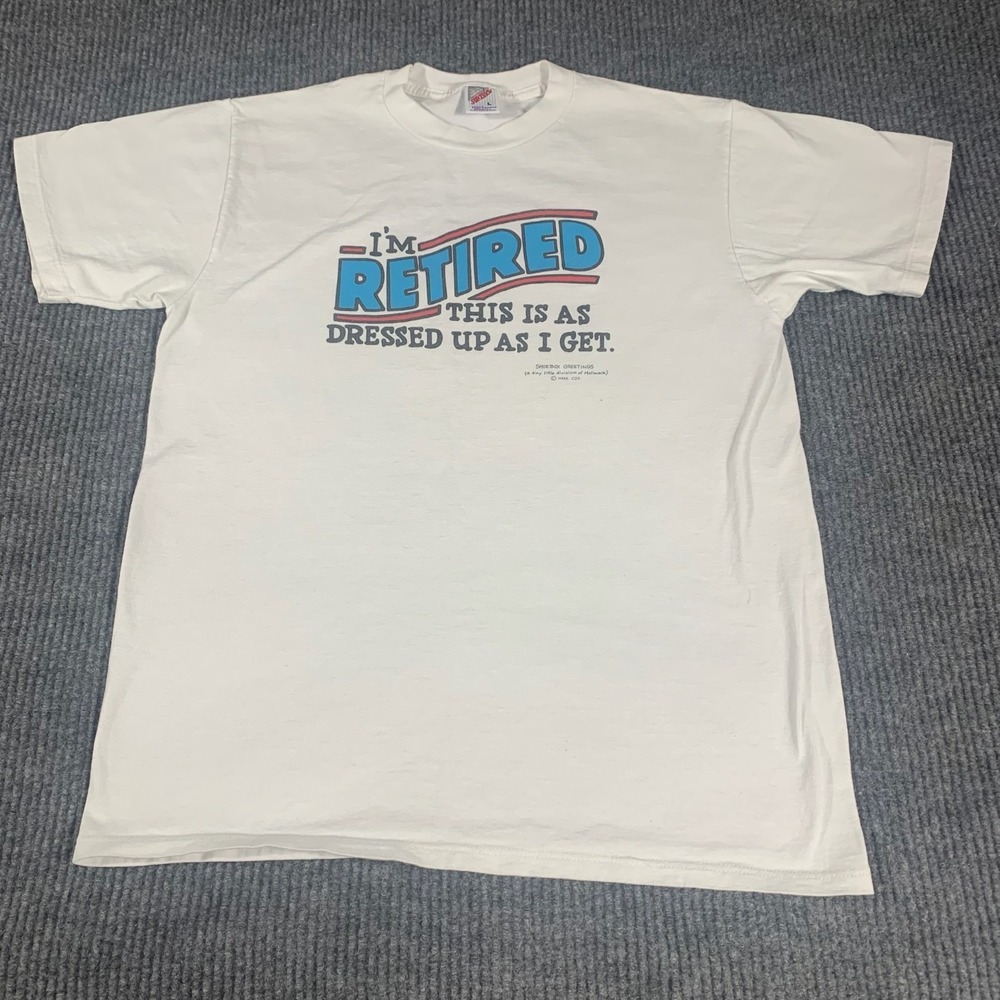 VTG Jerzees T Shirt Mens Large White Short Sleeve Retired Funny Humor Y2K Retro